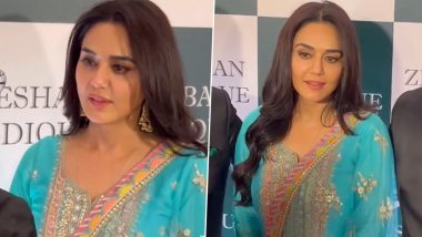 Baba Siddique Iftar Party: Preity Zinta Radiates Timeless Elegance in Turquoise Blue Salwar (Watch Video)