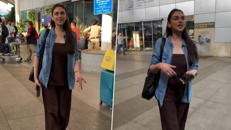 Aditi Rao Hydari Spotted at Mumbai Airport Post Engagement With Siddharth; Heeramandi Actress Looks Cool in Brown Jumpsuit With Blue Shirt (Watch Video)