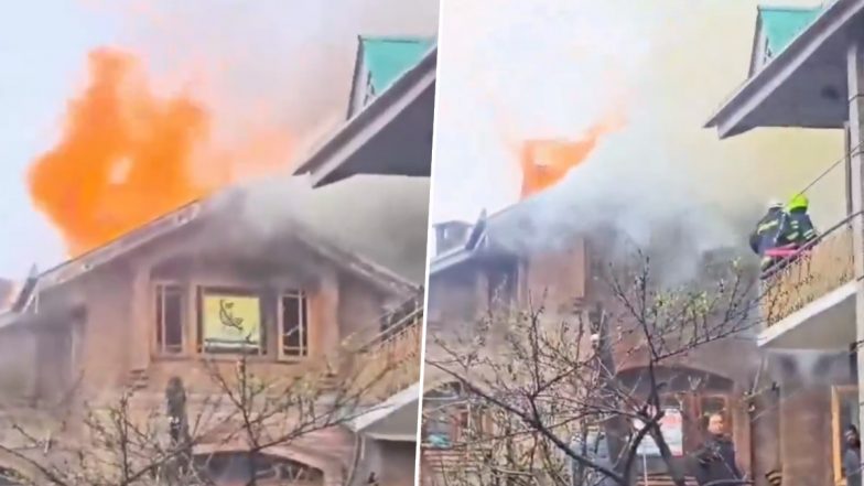 Jammu and Kashmir Fire: Massive Blaze Erupts in Residential Building in Srinagar, Firefighting Efforts Underway (Watch Video)