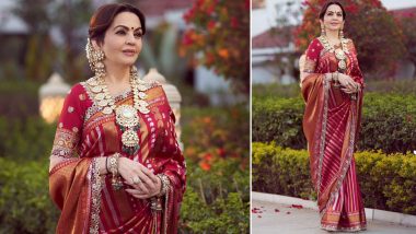 Nita Ambani Wears Swadesh’s Handloom Kanchipuram Saree at Anant Ambani and Radhika Merchant’s Pre-Wedding Event (View Pics)