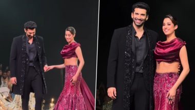 LFW X FDCI: Janhvi Kapoor, Aditya Roy Kapur Illuminate the Ramp With Golden Glamour As They Walk Together in Style (Watch Video)