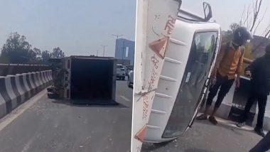 Noida Road Accident: Two Injured After Truck Overturns on Noida Elevated Road (Watch Video)