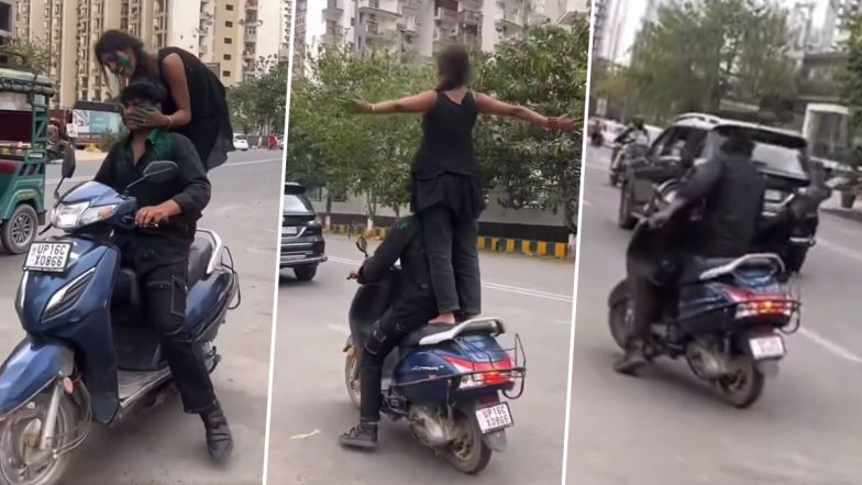 Noida Stunt Video: Girl Falls Head-First While Performing Dangerous Scooty Stunt on Holi 2024, Police Impose Rs 33,000 Fine (Watch Video)