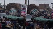 Meerut: Narrow Escape for Crowd As Sugarcane Truck Overturns, Falls on Shops in Uttar Pradesh (Watch Video)