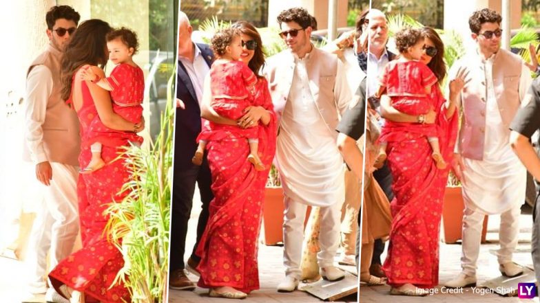 Picture Perfect! Priyanka Chopra and Daughter Malti Marie Shine in Matching Red Ensembles, Nick Jonas Rocks White Kurta at Family Function (View Pics) 