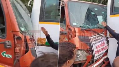 Delhi Road Accident: One Injured After Speeding Truck Rams Into Bus in Vikaspuri (Watch Video)