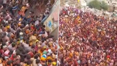 Holi 2024: Barsana’s Laddoo Mar Holi Kicks Off in Uttar Pradesh’s Mathura (Watch Video)