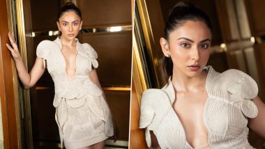 Rakul Preet Singh Amps Up the Glam Quotient in a Cream-Coloured One Piece Dress With Intricate Patterns (View Pics)