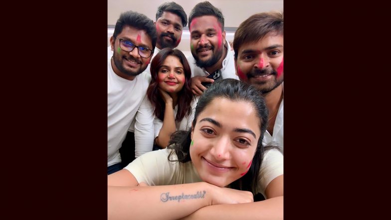 Holi 2024: Rashmika Mandanna Celebrates the Festival With Her Team at Work, Netizen Says ‘Missing Vijay Deverakonda’ (View Pics)