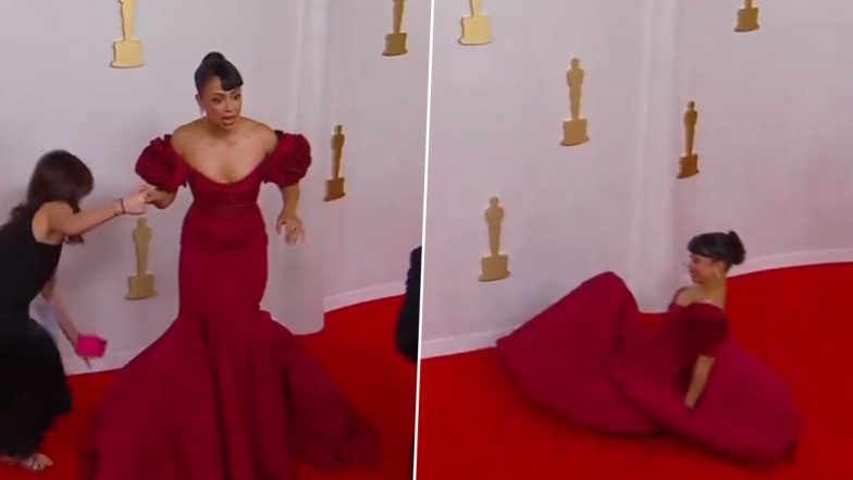 Oscars 2024: Liza Koshy Smoothly Handles ‘Oops Moments’ on the Red Carpet (Watch Video)