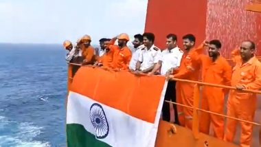 'Bharat Mata Ki Jai' at Sea: Merchant Vessel Crew Hails Indian Navy for Escorting Them in Arabian Sea (Watch Video)