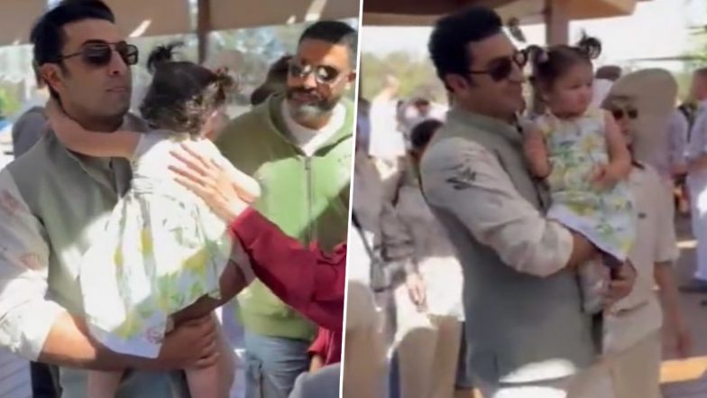 Abhishek Bachchan Showers Love on Ranbir Kapoor and Alia Bhatt's Daughter Raha at Anant Ambani-Radhika Merchant's Pre-Wedding Event (Watch Video)