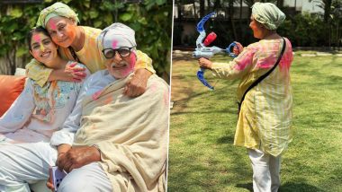 Holi 2024: Amitabh Bachchan Poses With Wife Jaya Bachchan, Granddaughter Navya Naveli Nanda; Veteran Actress Enjoys the Joyful Festival (See Pics)