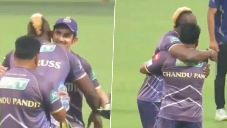 Adorable! Andre Russell Hugs KKR Head Coach Chandrakant Pandit and Mentor Gautam Gambhir After Joining Pre-Season Camp Ahead of IPL 2024 (Watch Video)