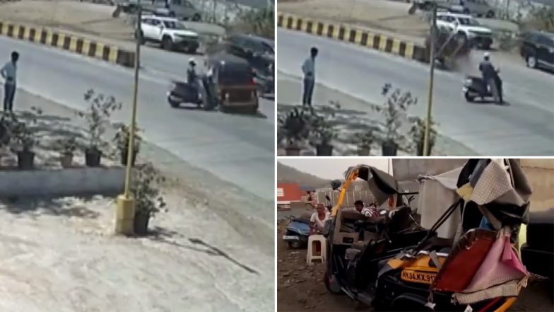 Accident Caught on Camera in Bhiwandi: Two Killed, Three Injured After Speeding Auto-Rickshaw Rams Into Divider in Maharashtra; Disturbing Video Surfaces