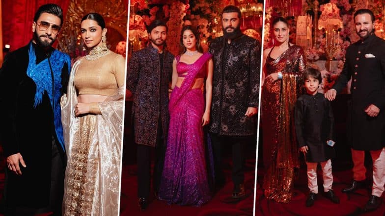 From Ranveer Singh–Deepika Padukone, Janhvi Kapoor–Shikhar Pahariya to Saif Ali Khan–Kareena Kapoor Khan, See Bollywood Celebs’ Stunning Ethnic Ensembles at Anant Ambani–Radhika Merchant’s Mela Rouge Themed Gala (View Pics)