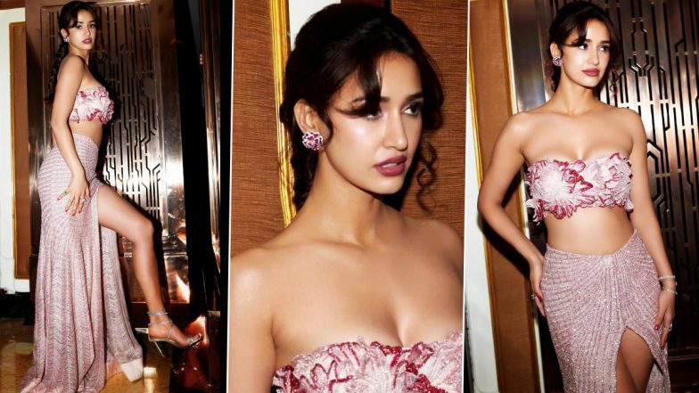 Disha Patani Makes Glamorous Appearance in Floral Bustier Top With Shimmery Thigh-High Slit Skirt and Braided Hairdo at an Event (View Pics)