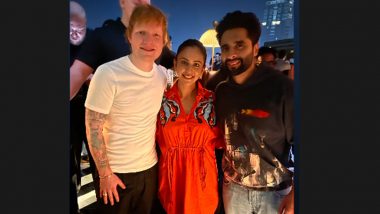Rakul Preet Singh and Jackky Bhagnani Capture a Moment With Singer Ed Sheeran at Star-Studded Party (View Pic)