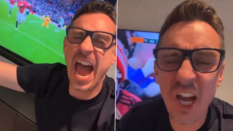 ‘Oh My God…’, Former Manchester United Star Gary Neville’s Wild Reaction After Red Devils Score Winning Goal Against Liverpool To Qualify for FA Cup 2023–24 Semifinals Goes Viral (Watch Video)