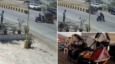 Bhiwandi Road Accident: Two Killed, Three Injured As Auto Rickshaw Rams Into Divider in Maharashtra, Video Surfaces