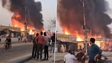 Greater Noida Fire: Massive Blaze Erupts in Few Dhabas in Bisrakh Police Station Area Due to Short Circuit (Watch Video)