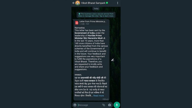 Viksit Bharat Sampark WhatsApp Message: Netizens Receive Letter From PM Narendra Modi on WhatsApp Seeking Feedback and Suggestions