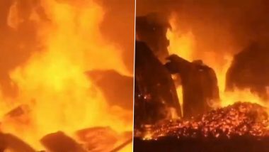 Thane Fire: Blaze Erupts at Scrap Godown Complex in Bhiwandi; No Casualty Reported (Watch Video)