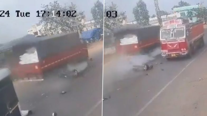 Horrific Accident Caught on Camera in Telangana: Man Dies on Spot After His Bike Collides With Truck While Overtaking Bus in Vikarabad, Disturbing Video Surfaces