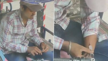 E-Rickshaw Driver Caught Doing Drugs in Delhi, Netizens Point Out to ‘Drug De-addiction’ Sticker on His Vehicle (Watch Video)