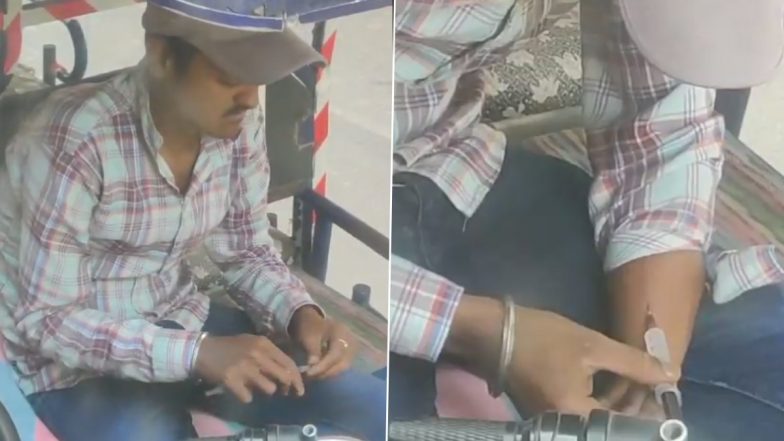 E-Rickshaw Driver Caught Doing Drugs in Delhi, Netizens Point Out to ‘Drug De-addiction’ Sticker on His Vehicle (Watch Video)