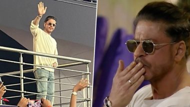 IPL 2024: Shah Rukh Khan Blows Kisses and Waves at Fans During KKR vs SRH Match at Eden Gardens (View Pics) 