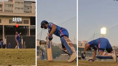 Arjun Tendulkar’s Toe Crushing Yorker Rips Apart Mumbai Indians Batter’s Furniture in the Nets Ahead of IPL 2024 (Watch Video)