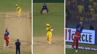 Glenn Maxwell Takes Well-Judged Catch to Dismiss Ajinkya Rahane During CSK vs RCB IPL 2024 Match (Watch Video)