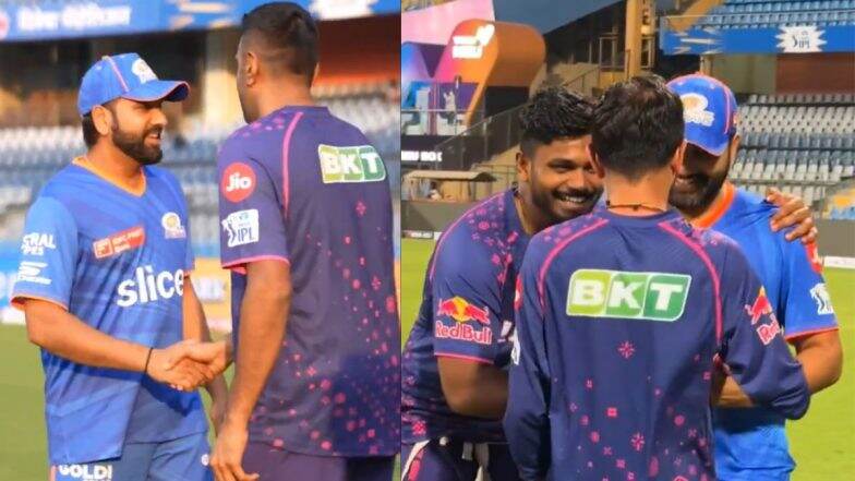 Rohit Sharma Meets Sanju Samson, Ravichandran Ashwin, Yuzvendra Chahal and Other Rajasthan Royals Cricketers Ahead of MI vs RR IPL 2024 Match (Watch Video)