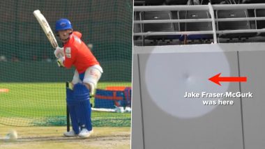 Fierce! Jake Fraser-McGurk Creates Dent in Mullanpur Stadium Stands With His Monstrous Hit During Delhi Capitals Practice Ahead of IPL 2024 (Watch Video)