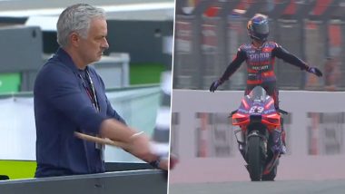 Jose Mourinho Waves the Chequered Flag As Jorge Martin Wins Portuguese GP and Does Cristiano Ronaldo ‘Siuuu’ Celebration While Riding His Motorbike (Watch Video)