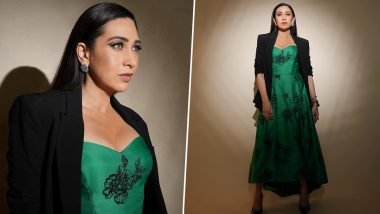 Karisma Kapoor Turns Heads in a Green Maxi Tea-Length Dress, Paired With a Versatile Black Jacket for the Promotions of Her Upcoming Film, Murder Mubarak (View Pics)