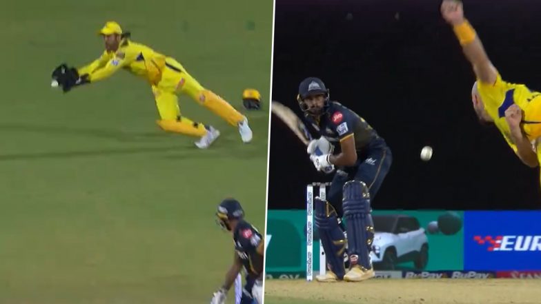 MS Dhoni Catch Video: 42-Year-Old Wicket-keeper Takes Diving Catch to Dismiss Vijay Shankar During CSK vs GT IPL 2024 Match