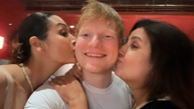 Ed Sheeran’s Face Lights Up With Happiness As Malaika Arora and Farah Khan Shower Him With Kisses at Star-Studded Party (View Pic)