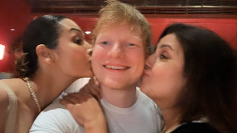 Ed Sheeran’s Face Lights Up With Happiness As Malaika Arora and Farah Khan Shower Him With Kisses at Star-Studded Party (View Pic)