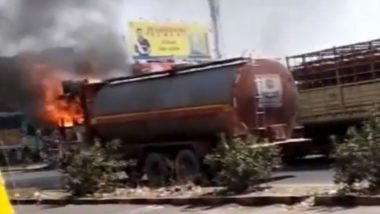 Gujarat: Milk Tanker Catches Fire on Palanpur-Deesa Highway in Banaskantha, Video Surfaces