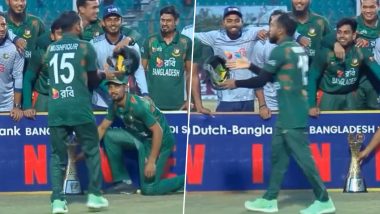 Mushfiqur Rahim Mocks Angelo Mathews’ Timed-Out Dismissal By Gesturing Broken Helmet As Bangladesh Celebrate ODI Series Win Over Sri Lanka, Video Goes Viral