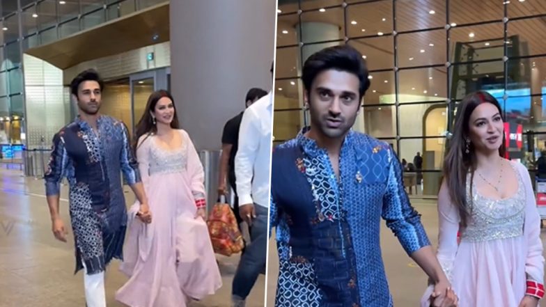 Newlyweds Pulkit Samrat and Kriti Kharbanda Walk Hand-in-Hand as They Return to Mumbai After Their Romantic Wedding in Delhi (Watch Video)