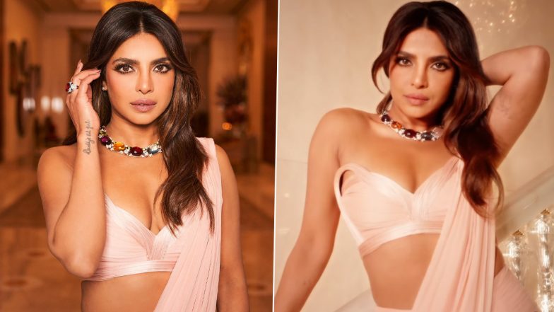 Priyanka Chopra Sizzles in a Salmon Pink Saree, Creates a Showstopping Fashion Moment at Event! (View Pics and Video)