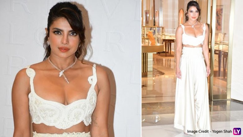 Priyanka Chopra Rocks White Top, Matching Trousers, and Diamond Snake Choker Necklace at Bulgari Event In Mumbai (Watch Video)