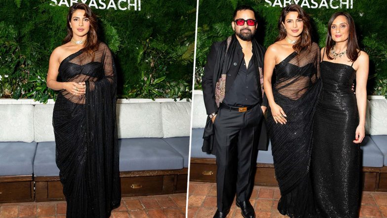 Priyanka Chopra Dazzles in Black Shimmery Saree, Strikes a Pose With Designer Sabyasachi Mukherjee at Glamorous Event in USA (View Pics)