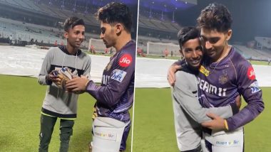 Heart of Gold! Rahmanullah Gurbaz Gifts Batting Gloves to Young Fan During Training Ahead of KKR vs SRH IPL 2024 Match (Watch Video)