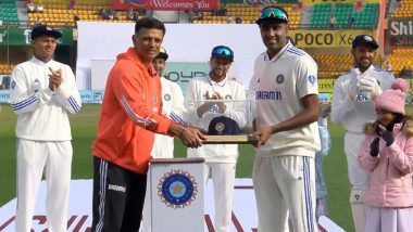 Head Coach Rahul Dravid Hands Special Cap to Ravi Ashwin As Indian Spinner Features in His 100th Test