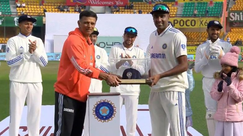 Head Coach Rahul Dravid Hands Special Cap to Ravi Ashwin As Indian Spinner Features in His 100th Test