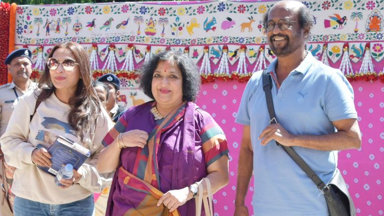 Rajinikanth Arrives in Jamnagar for Anant Ambani–Radhika Merchant’s Pre-Wedding Gala; Superstar Poses With Wife Latha and Daughter Aishwarya for Paparazzi (Watch Video)
